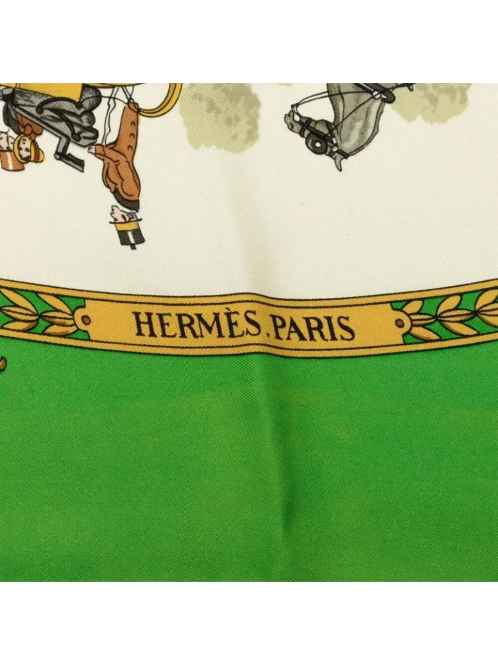 Hermes Carre 90 la Promenade de Longchamps Walkway to Ron Chien Scarf Green